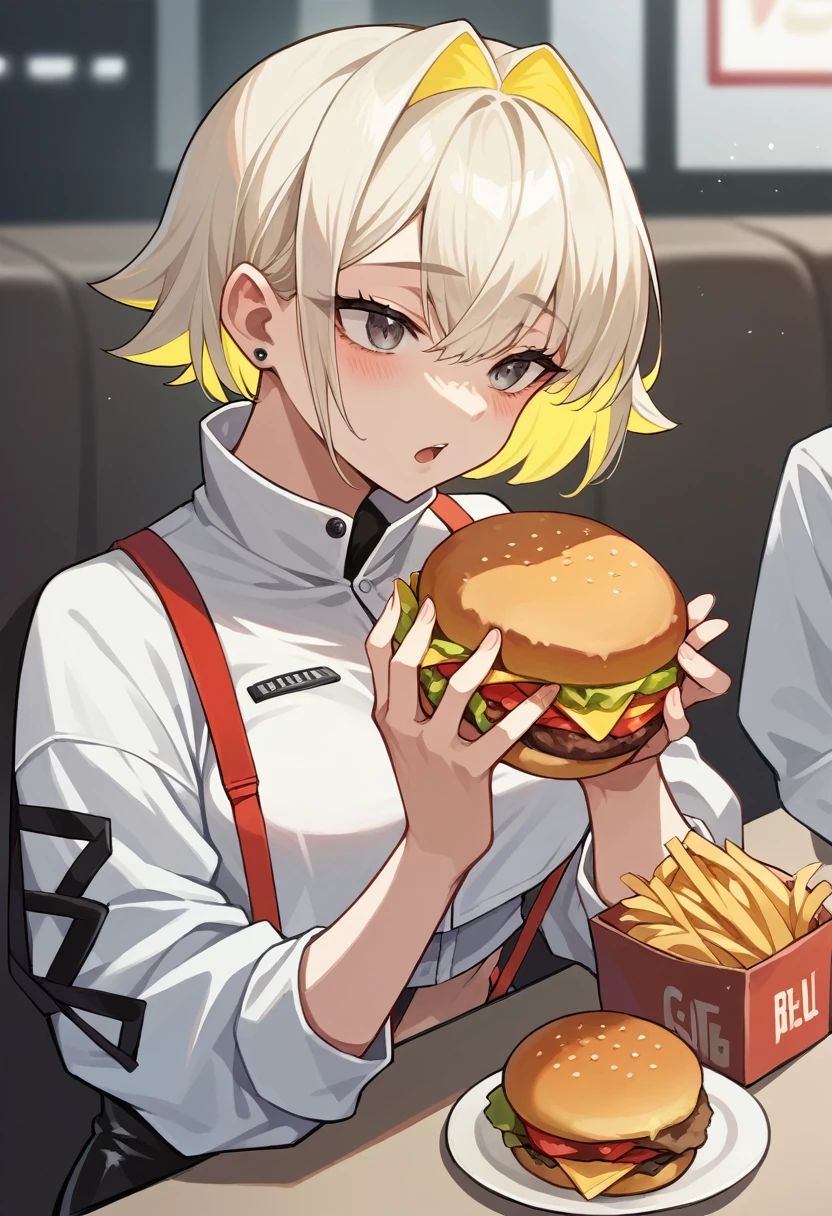 score_9, score_8_up, score_7_up, source_anime, 1girl, elegg, multicolor hair, short hair, cropped jacket, white shirt, suspenders, holding burger, in resturant