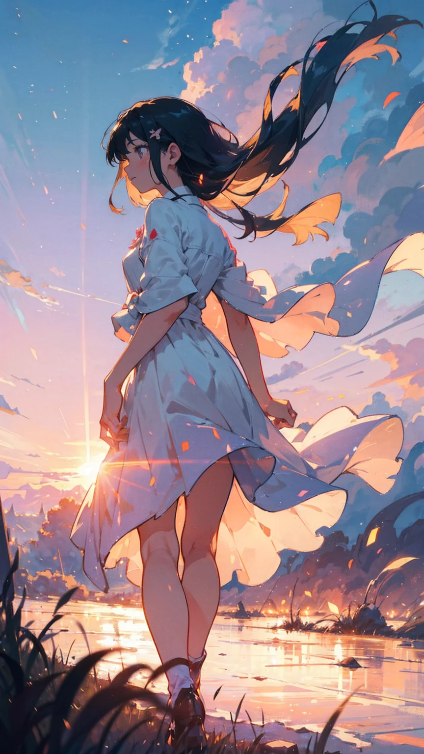 Create an animated illustration inspired by these lyrics. The scene symbolizes memories of the past and hope for the future. In the foreground, a young woman is depicted in a quiet moment at dawn. She is walking toward the future.
The young woman has long hair blowing in the wind and is wearing a pale pink dress. She is smiling and looking at him with hopeful eyes.
In the background, the sky at dawn is beautifully depicted. The sun is beginning to rise and the sky is tinged with shades of orange and pink. In the distance, there is a city after the rain. A rainbow hangs in the sky, creating an atmosphere that echoes with the melody of hope.
The road is littered with shards of dreams, shining brightly. She is running toward the shining future, collecting the fragments of her dreams. The illustration expresses the memories carried by the wind and the small courage hidden deep in their hearts.
The overall mood is to convey the strength and romanticism of walking together, embracing memories of the past and hopes for the future. The illustration symbolizes the story of two people moving forward into the future, overcoming any difficulties.
Translated with DeepL.com (free version)