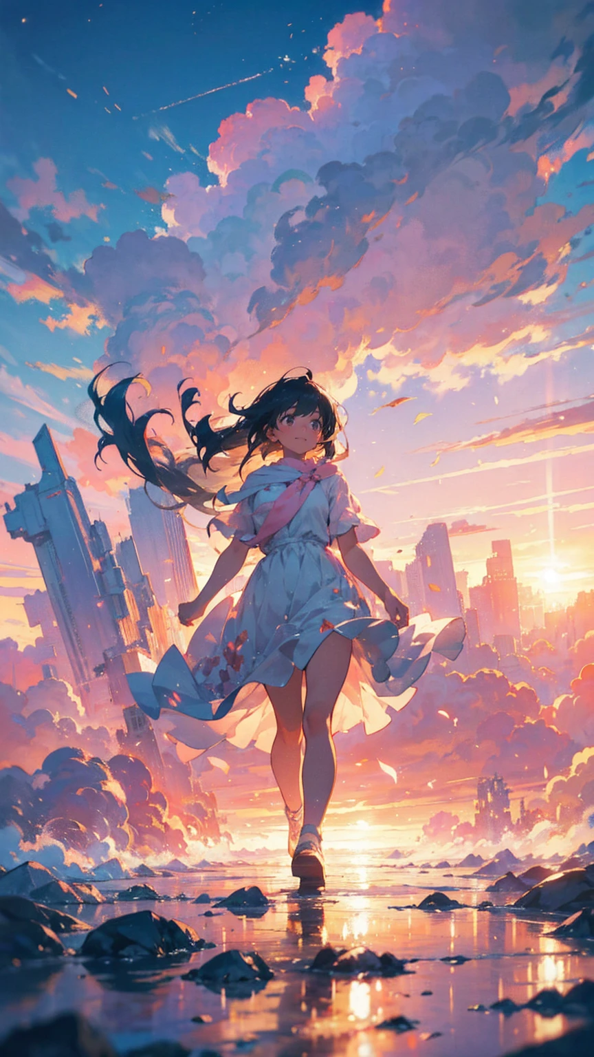 Create an animated illustration inspired by these lyrics. The scene symbolizes memories of the past and hope for the future. In the foreground, a young woman is depicted in a quiet moment at dawn. She is walking toward the future.
The young woman has long hair blowing in the wind and is wearing a pale pink dress. She is smiling and looking at him with hopeful eyes.
In the background, the sky at dawn is beautifully depicted. The sun is beginning to rise and the sky is tinged with shades of orange and pink. In the distance, there is a city after the rain. A rainbow hangs in the sky, creating an atmosphere that echoes with the melody of hope.
The road is littered with shards of dreams, shining brightly. She is running toward the shining future, collecting the fragments of her dreams. The illustration expresses the memories carried by the wind and the small courage hidden deep in their hearts.
The overall mood is to convey the strength and romanticism of walking together, embracing memories of the past and hopes for the future. The illustration symbolizes the story of two people moving forward into the future, overcoming any difficulties.
Translated with DeepL.com (free version)