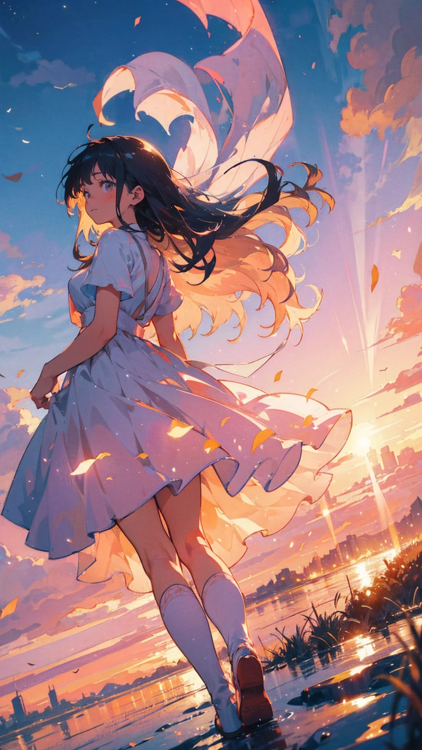 Create an animated illustration inspired by these lyrics. The scene symbolizes memories of the past and hope for the future. In the foreground, a young woman is depicted in a quiet moment at dawn. She is walking toward the future.

The young woman has long hair blowing in the wind and is wearing a pale pink dress. She is smiling and looking at him with hopeful eyes.

In the background, the sky at dawn is beautifully depicted. The sun is beginning to rise and the sky is tinged with shades of orange and pink. In the distance, there is a city after the rain. A rainbow hangs in the sky, creating an atmosphere that echoes with the melody of hope.

The road is littered with shards of dreams, shining brightly. She is running toward the shining future, collecting the fragments of her dreams. The illustration expresses the memories carried by the wind and the small courage hidden deep in their hearts.

The overall mood is to convey the strength and romanticism of walking together, embracing memories of the past and hopes for the future. The illustration symbolizes the story of two people moving forward into the future, overcoming any difficulties.

Translated with DeepL.com (free version)