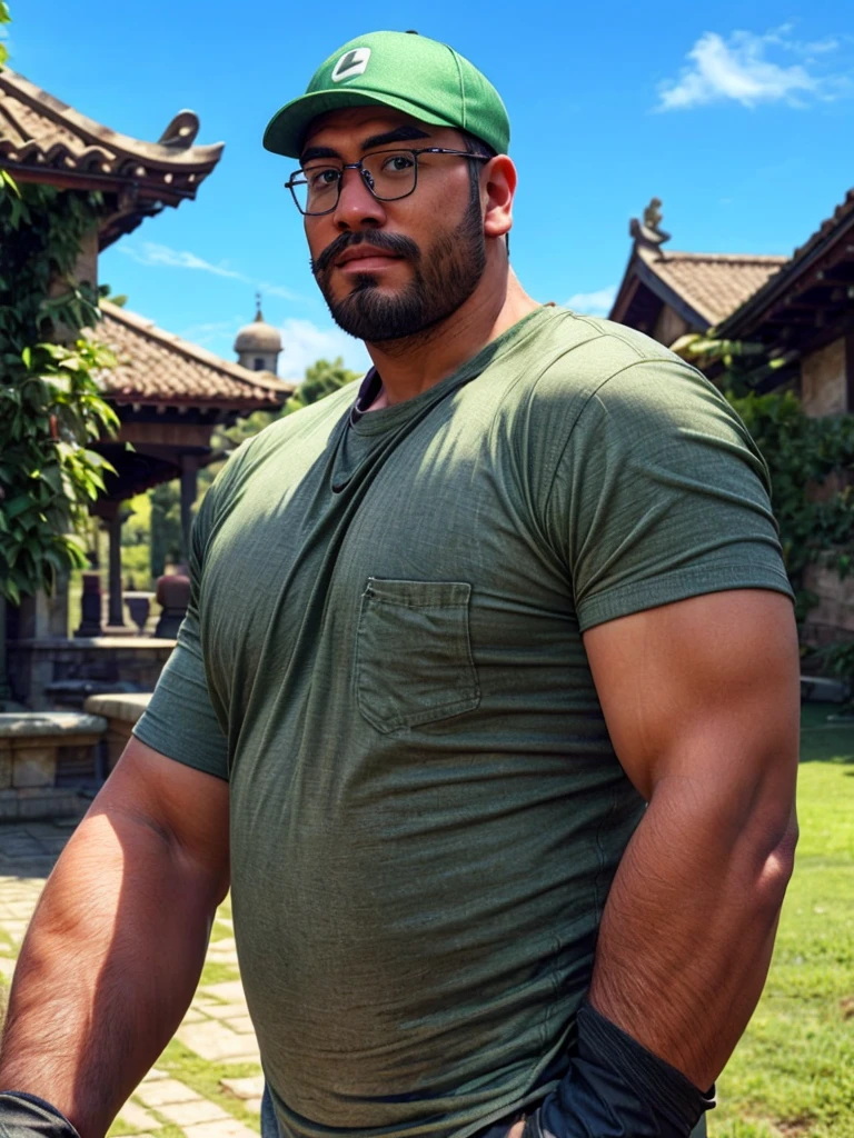 crew cut, (((full body))), (((landscape))), mature man, [slightly fat], asian man, rounded face, brown eyes, ((rounded face)), glasses, balding, 1boy, Solo, (big shoulders), (((stubbles, Short beard))),luigi, mustache, green shirt, overalls, green hat, white gloves, 
looking at viewer, serious, outside, castle background, blue sky,  extremely detailed, hdr,