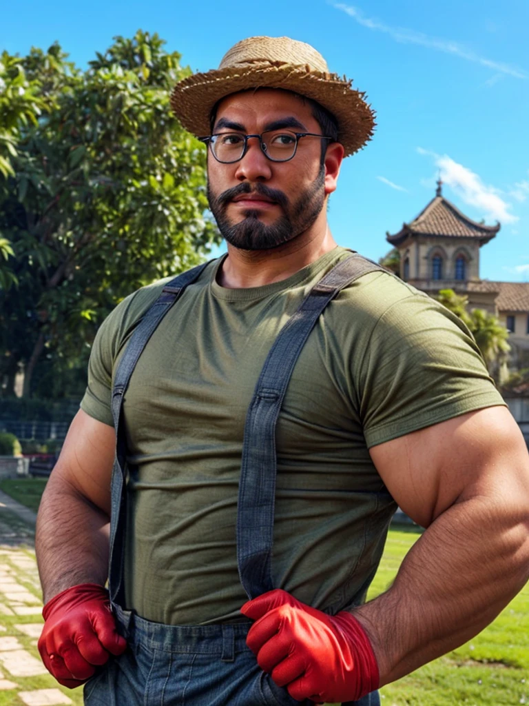 crew cut, (((full body))), (((landscape))), mature man, [slightly fat], asian man, rounded face, brown eyes, ((rounded face)), glasses, balding, 1boy, Solo, (big shoulders), (((stubbles, Short beard))),luigi, mustache, green shirt, overalls, green hat, white gloves, 
looking at viewer, serious, outside, castle background, blue sky,  extremely detailed, hdr,