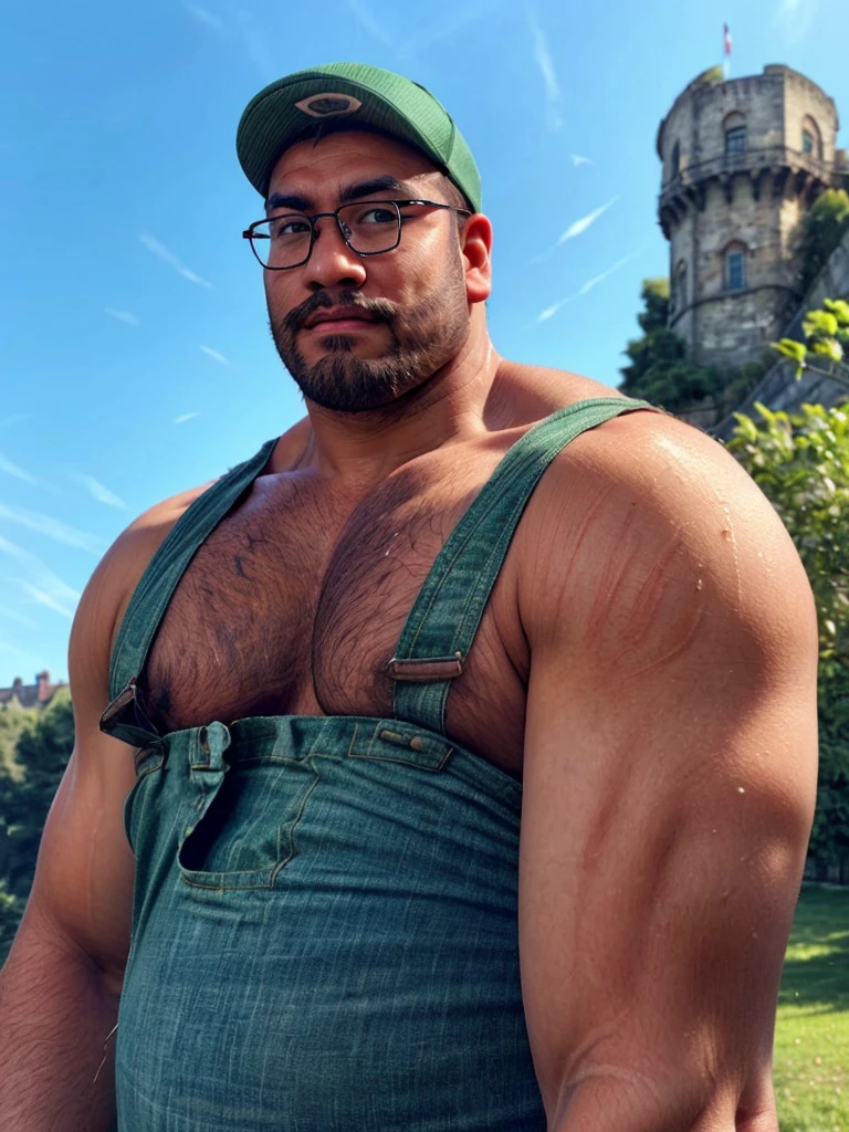 crew cut, (((full body))), (((landscape))), mature man, [slightly fat], asian man, rounded face, brown eyes, ((rounded face)), glasses, balding, 1boy, Solo, (big shoulders), (((stubbles, Short beard))),luigi, mustache, green shirt, overalls, green hat, white gloves, 
looking at viewer, serious, outside, castle background, blue sky,  extremely detailed, hdr,