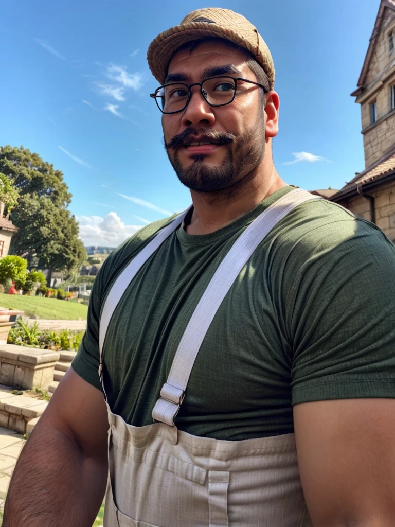 crew cut, (((full body))), (((landscape))), mature man, [slightly fat], asian man, rounded face, brown eyes, ((rounded face)), glasses, balding, 1boy, Solo, (big shoulders), (((stubbles, Short beard))),luigi, mustache, green shirt, overalls, green hat, white gloves, 
looking at viewer, serious, outside, castle background, blue sky,  extremely detailed, hdr,