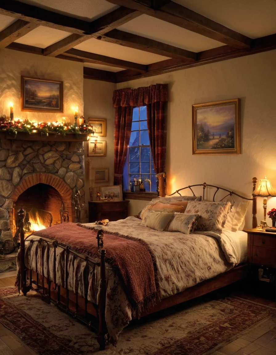 arafed bedroom with a fireplace and a bed with a blanket, thomas kinkade. cute cozy room, cozy and calm, cozy setting, very cozy, cozy wallpaper, cozy room, cozy place, cozy and peaceful atmosphere, cosy enchanted scene, cozy candlelight, cozy environment, cozy bed, soothing and cozy landscape, cozy atmosphere, cosy fireplace