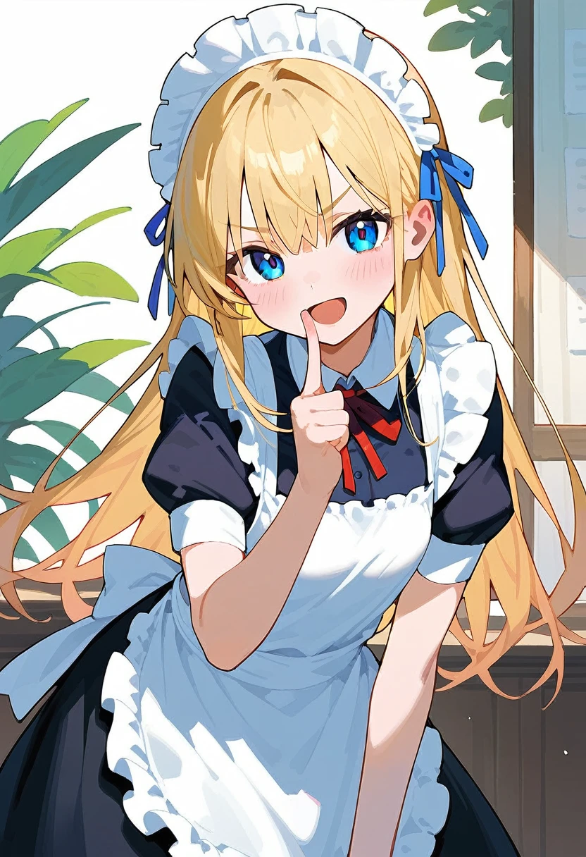 score_9,score_8_up,score_7_up,1girl,solo,bangs,blush,smile,standing,looking at viewer,casual,:d,apron,blonde hair,blue eyes,dress,frills,hair ribbon,index finger raised,leaning forward,long hair,maid,maid apron,maid headdress,open mouth,ribbon,short sleeves,sidelocks,upper body,v-shaped eyebrows