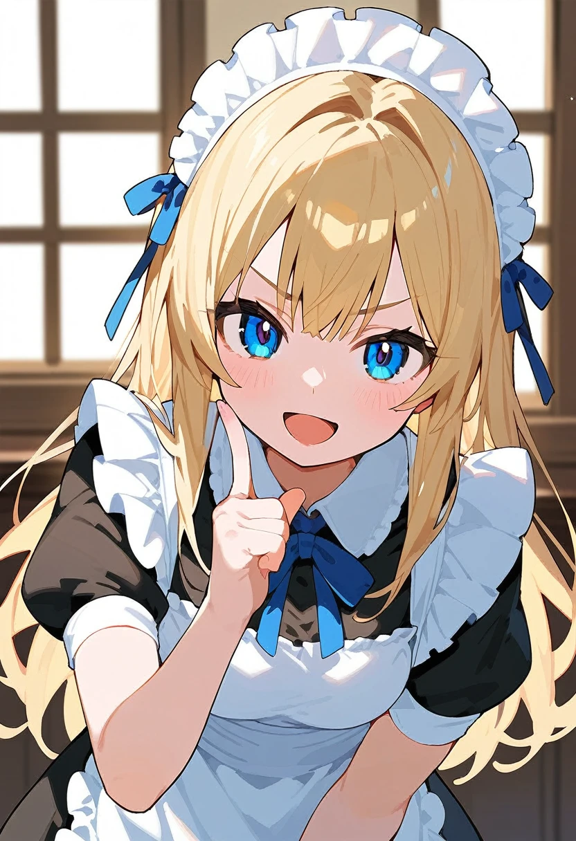 score_9,score_8_up,score_7_up,1girl,solo,bangs,blush,smile,standing,looking at viewer,casual,:d,apron,blonde hair,blue eyes,dress,frills,hair ribbon,index finger raised,leaning forward,long hair,maid,maid apron,maid headdress,open mouth,ribbon,short sleeves,sidelocks,upper body,v-shaped eyebrows