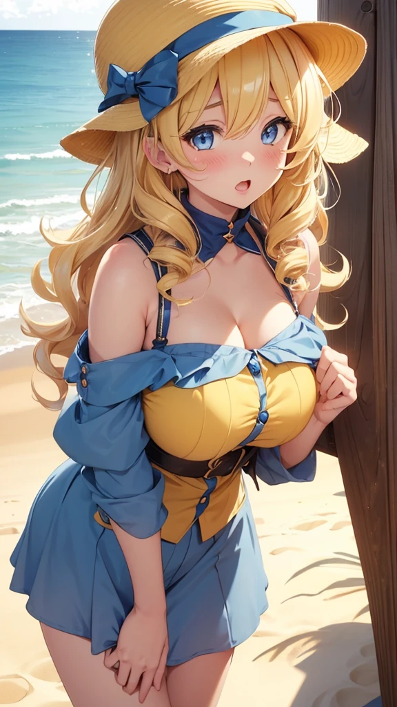 1 girl (navia) ,(genshinimpact ),blonde,(wavy hair curl), blue eyes ,shy ,blush ,open mouth, looking at viewer, bikink (yellow) ,vintage hat yellow, beach ,morning, ,