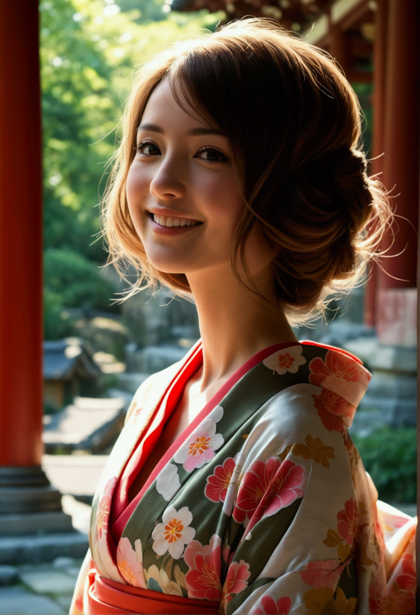 Best quality, masterpiece, ultra high res, in a japanese temple, (photorealistic:1.4), smiling, one beautiful European woman,), (yukata), hijab, Huge breasts, big chest, lower chest, off shoulder kimono, sexy dress, beutiful kimono, hands up