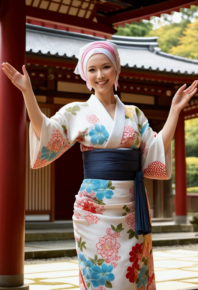 Best quality, masterpiece, ultra high res, in a japanese temple, (photorealistic:1.4), smiling, one beautiful European woman,), (yukata), hijab, Huge breasts, big chest, lower chest, off shoulder kimono, sexy dress, beutiful kimono, hands up