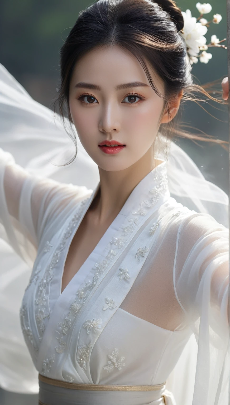 beautiful Korean woman, (((Mikamaria))), (motion blur:1.3), abnormally stunning beautiful face, black and white close-up,woman in intricate pure white hanbok dress, Flying in the air like a Chinese movie ,spinning frantically, translucent tingling air particles on dress hem,in ancient china, professional fashion photography,UHD, 4k, 8k