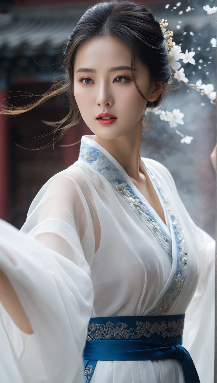 beautiful Korean woman, (((Mikamaria))), (motion blur:1.3), abnormally stunning beautiful face, black and white close-up,woman in intricate pure white hanbok dress, Flying in the air like a Chinese movie ,spinning frantically, translucent tingling air particles on dress hem,in ancient china, professional fashion photography,UHD, 4k, 8k