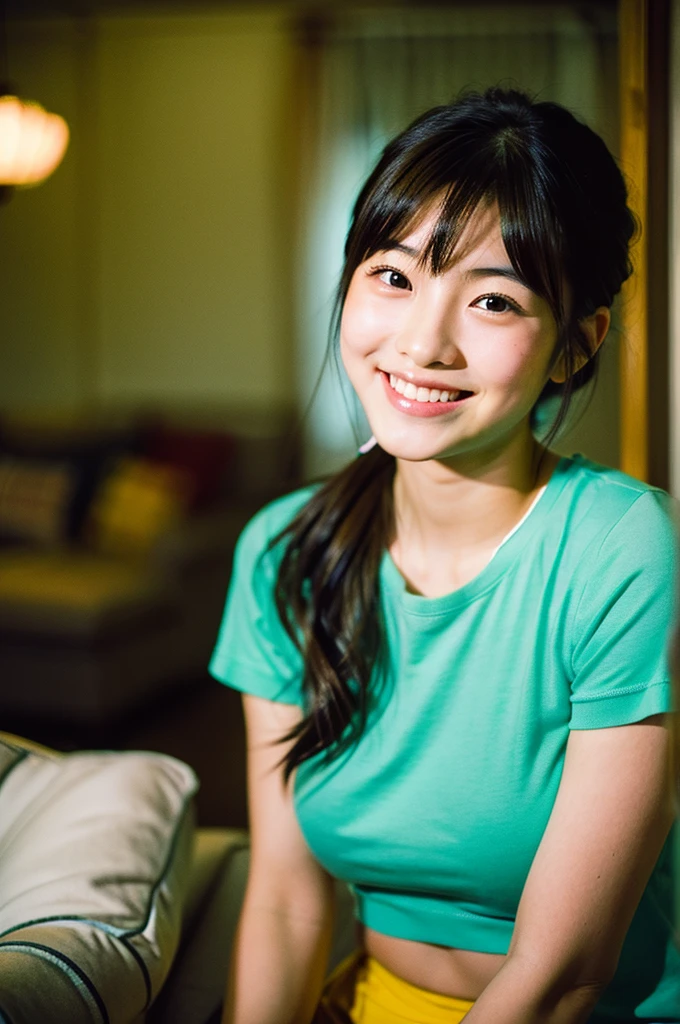 Very cute 20 year old Japanese woman, corners of mouth turned up, gentle smile, muffin top, detailed face, detailed body with nice curves, in the living room. Late night, movie photography, Leica 50 mm prime lens, Cine Steel 800T film, art color photography