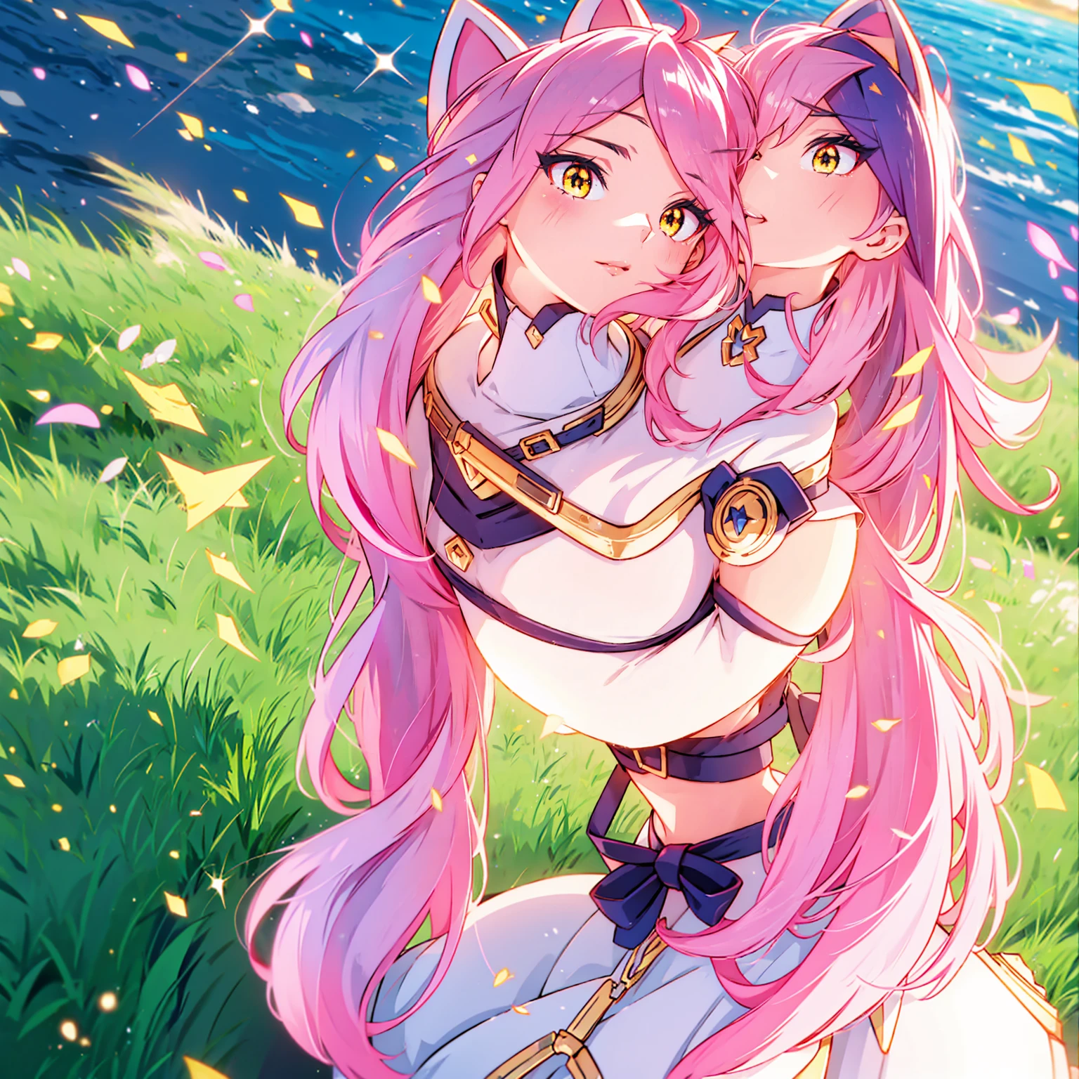 An anime girl with cat ears. Fake cat ears, and the cat ears are framed in gold on the head, long pink hair, very long hair, bright pink hair, white miniskirt with gold belt, She wears white gloves on her hands, pinker BH pinker Tanger, around the neck a golden collar, View to the viewer, 
sexly, large , tight juicy ass, elongated yellow eyes with pink fragments, cute face",,