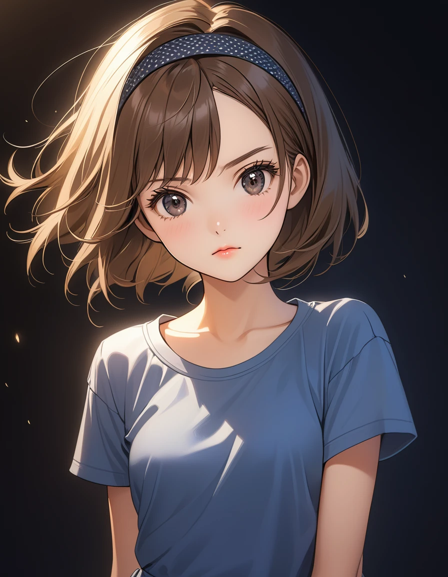((Portrait Photo)), She has a Cute and Youthful Childish Appearance, with a Slim Build and Well-Defined Arms. She Expresses a Strong and Determined Look, Frowning, Giving Off a Proud and Defiant Attitude. She has Sharp, Black Eyes, and Her Hair is Short and Tousled, Light Brown, with Strands Falling Over Her Forehead, Held by a Hairband. She Wears an Urban T-Shirt, Tight-Fitting Her Frame. ((Portrait Photo, HDR, Dark Background))