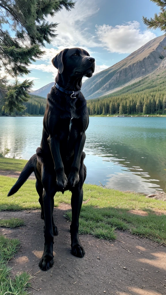 Labrador Retriever by a mountain lake with surrounding trees.