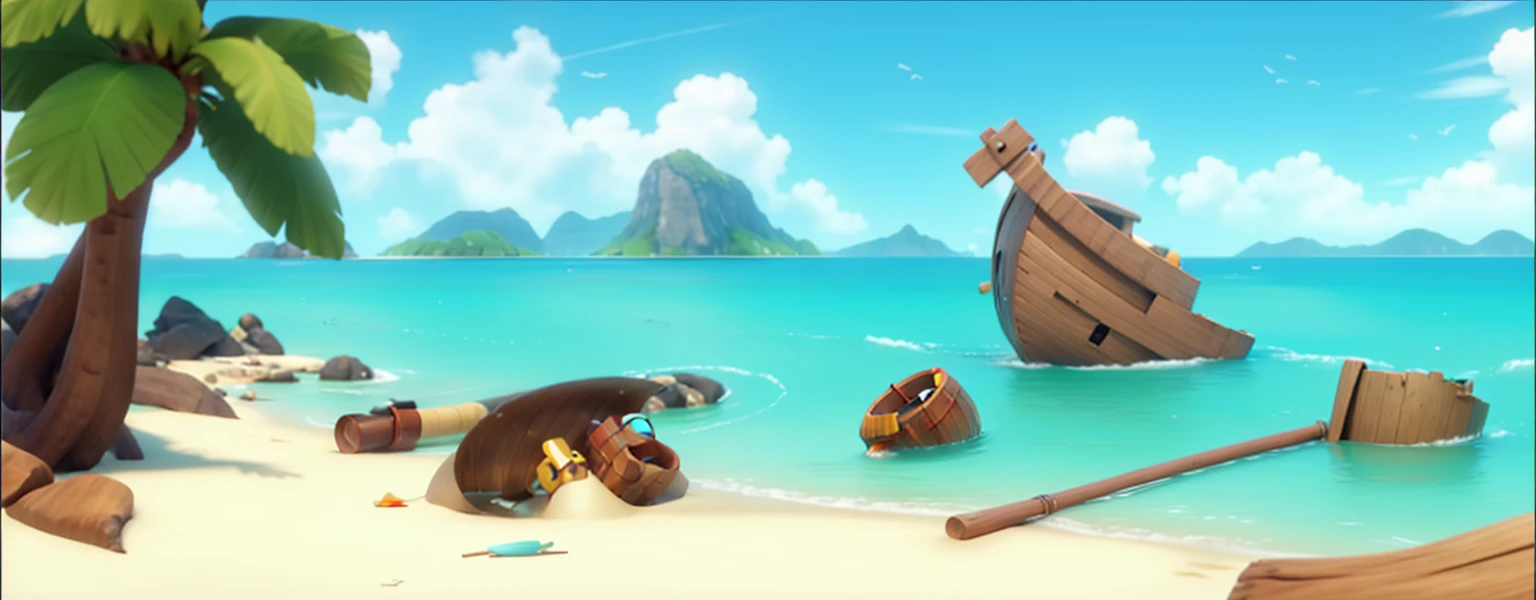warm sunlight，During the day，Deserted island beach，Fragments of a ship，Wooden barrel floating on the sea，A man lying on the beach。Fantasy style.Concept Art, Pixar,, best quality，Clash Royale style