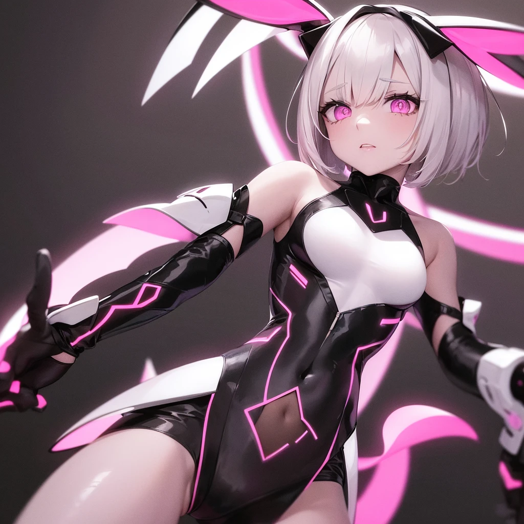 Great, Masterpiece, 1 woman, short hair, half black half white, pink eyes, rabbit ears, low lighting background neon lights, colofes brinres black clothing, Upper part of the body, White skin, Best Quality