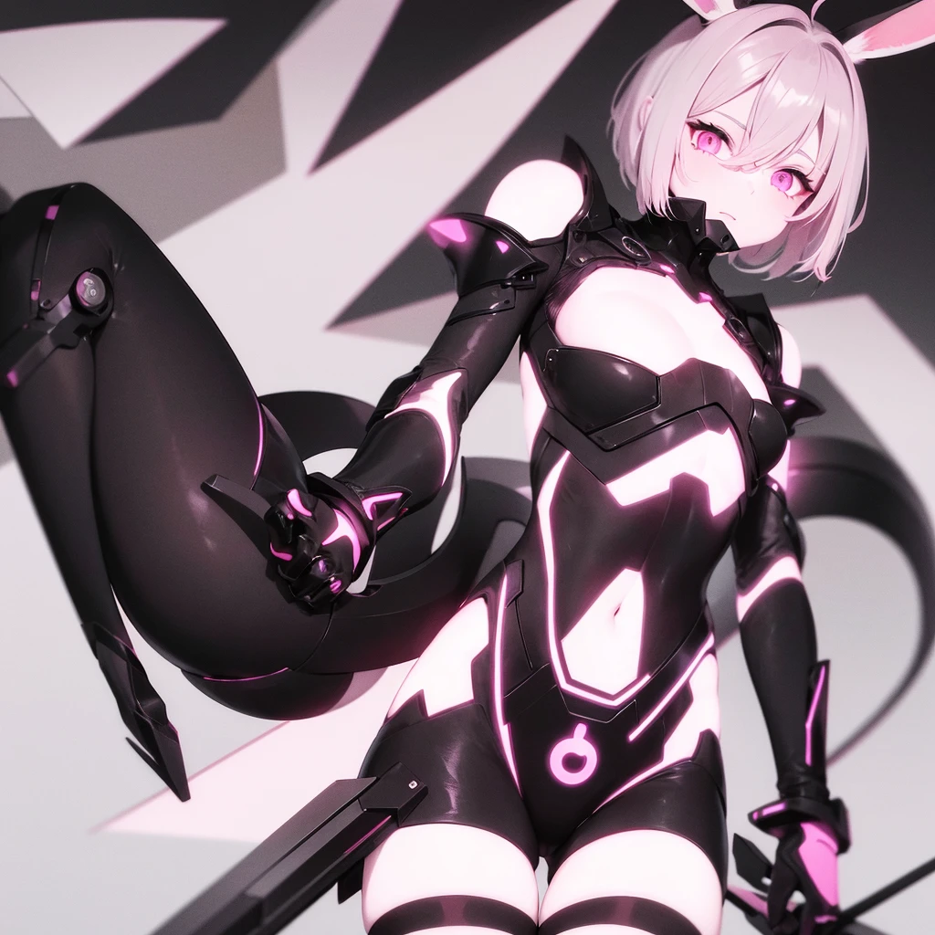 Great, Masterpiece, 1 woman, short hair, half black half white, pink eyes, rabbit ears, low lighting background neon lights, colofes brinres black clothing, Upper part of the body, White skin, Best Quality