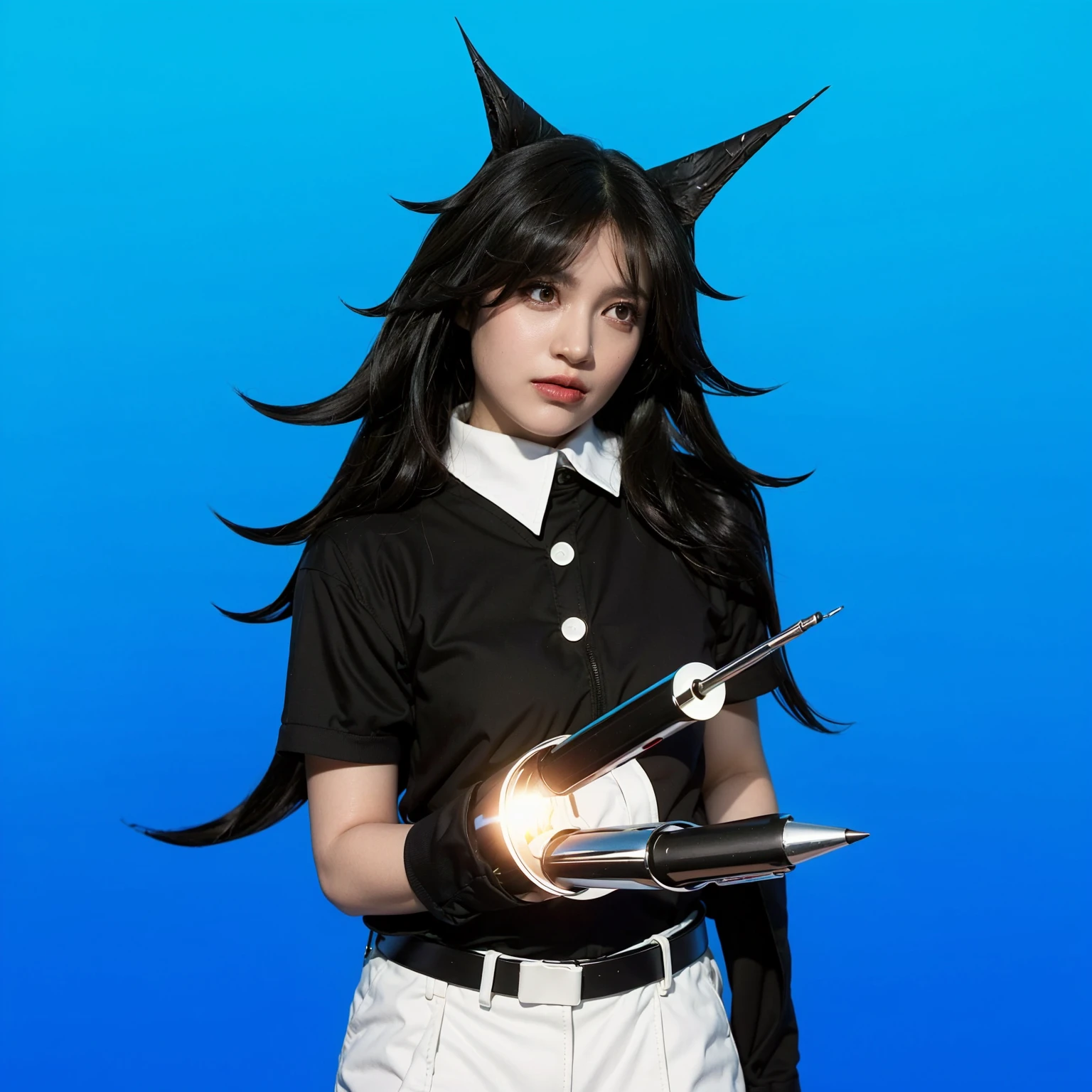 gray skin gray skin gray skin gray skin gray skin gray skin hair coneshair coneshair coneshair coneshair coneshair coneshair coneshair coneshair coneshair conesThis image features a character dressed in a dark, collared shirt and white pants, styled with a futuristic, robotic arm wielding a silver gun. The character's dramatic appearance is enhanced by long, black hair with pointed, horn-like extensions and dark lipstick, adding a gothic or villainous flair. Set against a plain blue background, the focus is drawn to the contrast between the character's attire and the high-tech armament, gray skin gray skin gray skin gray skin gray skinsuggesting a blend of traditional and sci-fi elements, likely for a thematic or storytelling purpose. The overall composition of the image is both eye-catching and charming, effectively conveying a sense of joy and creativity.ffects render, (glossy plastic texture with multiple big light probe refractions), perfect cgi, smooth silhouette, high intensity refraction, (super glossy plastic material), most beautiful vfx, , realistic, 4k, high resolution, rim light, smooth 3d model, multiple light sources, rim light, sharp post effects render,, realistic, 4k, high resolution, rim light detailed digital art, reflective, best quality, 4k, masterpiece:1.2, ultra-detailed, realistic, vivid colors, The image of the highest quality, ensuring every detail showcased perfectly. It in 4k resolution, allowing viewers to immerse themselves in the richness of the colors and intricate details. The realistic rendering. under the spotlight, reflecting, high-resolution image, realistic rendering