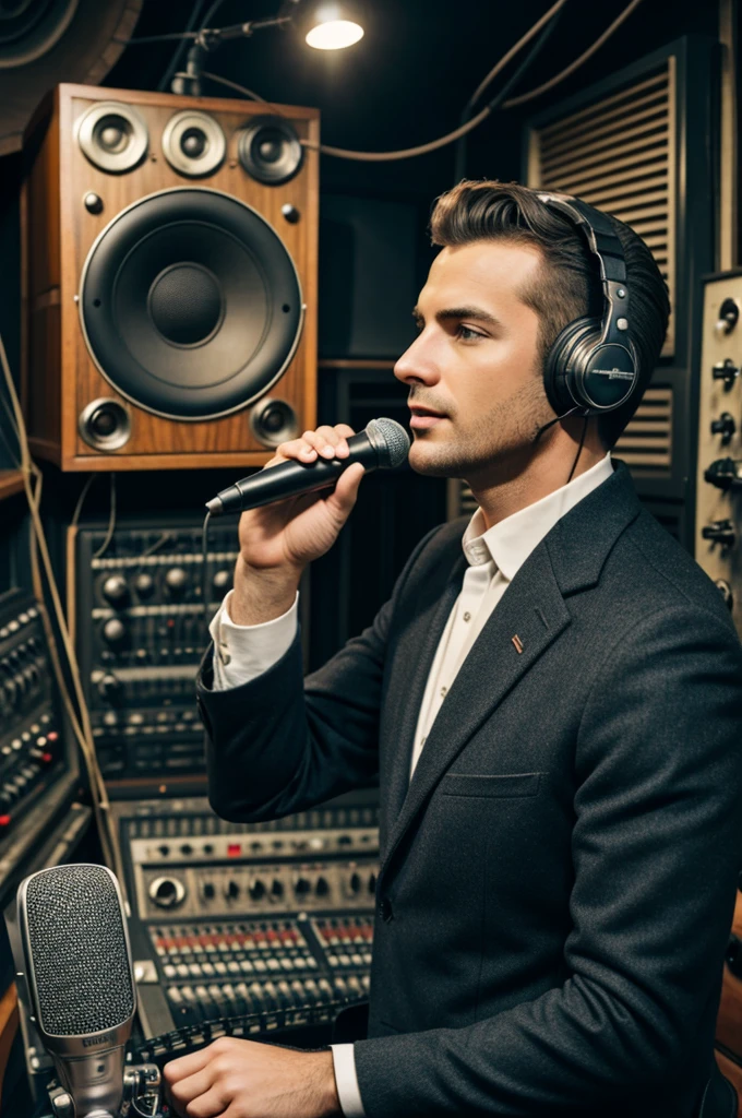 Male announcer in vintage radio studio