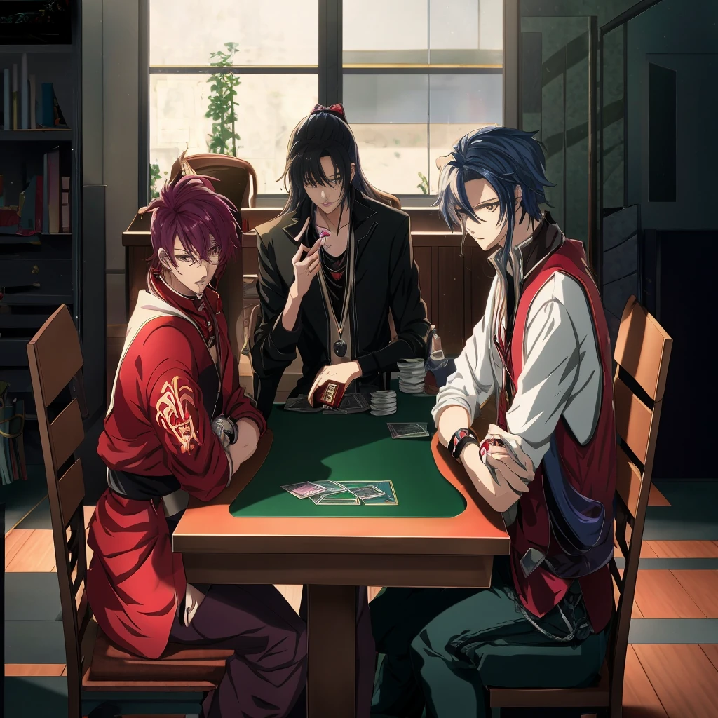 Anime characters sitting at tables playing Card games, ; Visual novel, Card game illustration, Lawther is sitting at the table playing dnd, 80s anime art style, Bad guy anime 8k, Visual novel, Visual novels CG, Card game, Visual novel key visual, Anime style4 K, Anime style, Snick, Digital Anime Illustration,