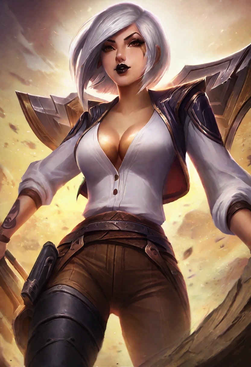 score_9, score_8_up, score_7_up, score_6_up, score_5_up, score_4_up, BREAK lolsplashart, league of legend, solo, 1girl, Asian female, cowgirl outfit, cleavage, white shirt, brown pants, tattoos, bob cut, white hair, black lipstick, lovely, masterpiece.
