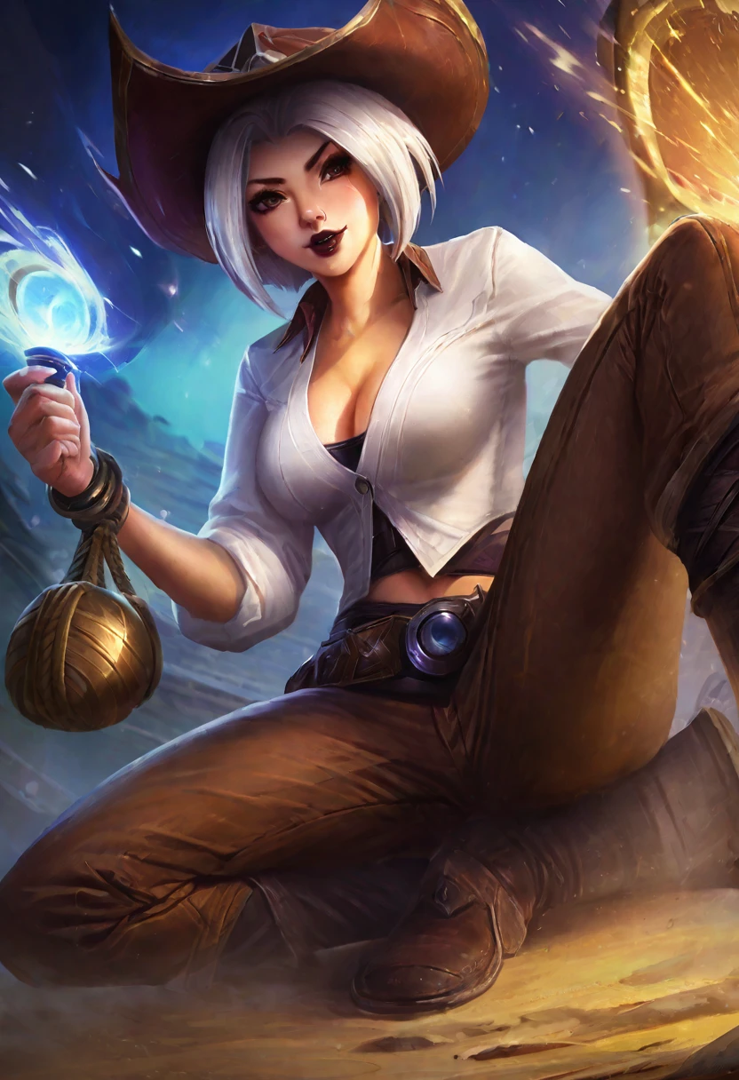 score_9, score_8_up, score_7_up, score_6_up, score_5_up, score_4_up, BREAK lolsplashart, league of legend, solo, 1girl, Asian female, cowgirl outfit, cleavage, white shirt, brown pants, tattoos, bob cut, white hair, black lipstick, lovely, masterpiece.
