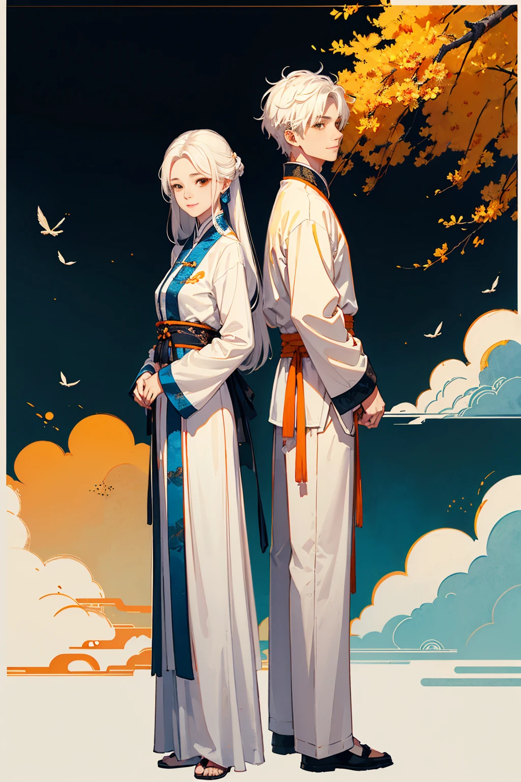 high quality , one white hair girl and one white hair boy, long hair, wuxia character, ((white clothes with blue and orange accent)), ink painting background, flat background, minimalist background, chinese wind pattern background, smiling, standing back to back