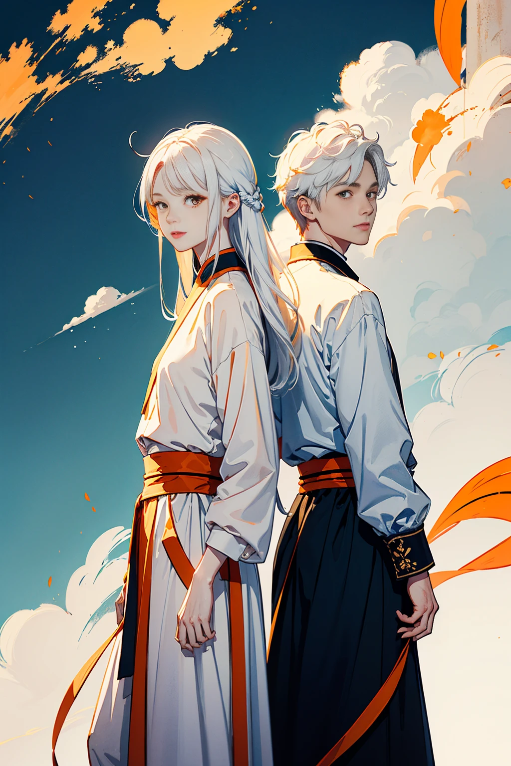 high quality , one white hair girl and one white hair boy, long hair, wuxia character, ((white clothes with blue and orange accent)), ink painting background, flat background, minimalist background, chinese wind pattern background, smiling, standing back to back