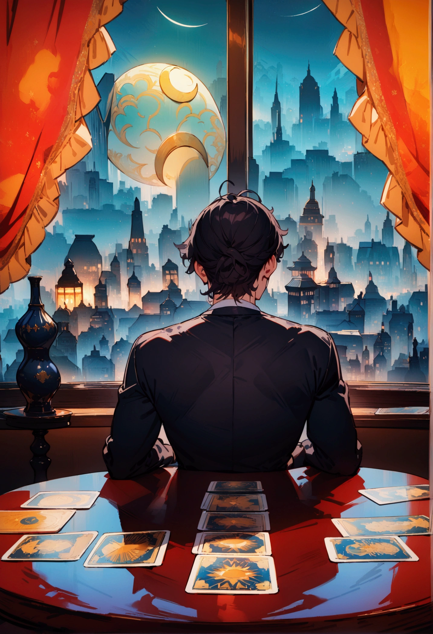 best quality, masterpiece, 8K, HD, persian man, wavy dark hair, sitting behind a round table, luxurious astrology print tablecloth, tarot cards on the table, metropolitan city in the background, crescent moon, see through curtain behind him, (front view), vibrant colors, highly detailed