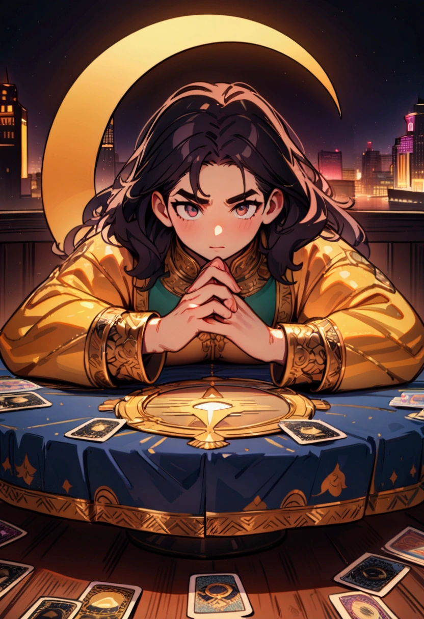 best quality, masterpiece, 8K, HD, persian man, wavy dark hair, sitting behind a round table, luxurious astrology print tablecloth, tarot cards on the table, metropolitan city in the background, crescent moon, see through curtain behind him, (front view), vibrant colors, highly detailed