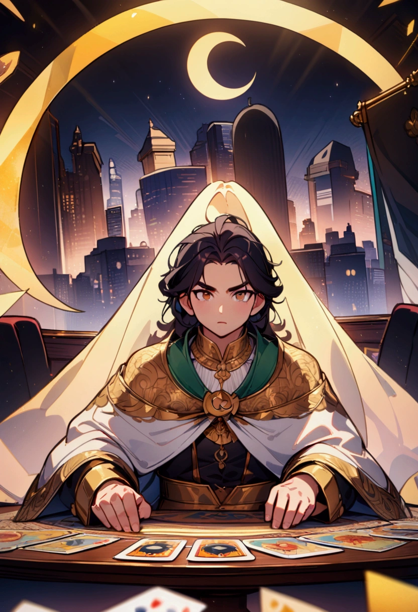 best quality, masterpiece, 8K, HD, persian man, wavy dark hair, sitting behind a round table, luxurious astrology print tablecloth, tarot cards on the table, metropolitan city in the background, crescent moon, see through curtain behind him, (front view), vibrant colors, highly detailed