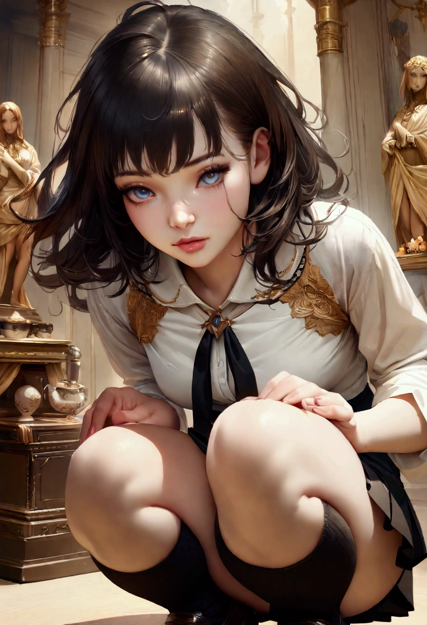 elegant, masterpiece, Complex, Realistic, Highest quality, Absurd, detailed high face detail, Perfect Eyes, figure, detailed, Cute Bad Girl, The legs are off the frame, mini skirt, Seraphim, Knee-high, loafers, squat, Hair blowing in the wind, Smooth Hair, Beautiful Hair, detailed hair, Messy Hair, short hair,