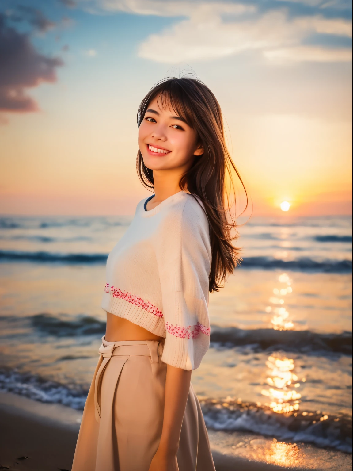 (8k, Top quality, Masterpiece:1.2), (Realistic, photo-realistic:1.37), Super detailed, perfect anatomy, cute, small eye, Fashion-model outfit, 18 years old, a Japanese, girl, seaside, sunset, smile,