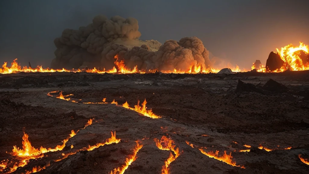 Imagine a hellish landscape viewed from human eye-level. Intense flames dance wildly, casting eerie glows in red, orange, and black hues. The scorched earth is cracked and barren, with rivers of molten lava flowing through. Tormented souls writhe in agony amidst the inferno. In the background, jagged rocks and decrepit ruins loom under a dark, smoky sky, creating a nightmarish and apocalyptic atmosphere.