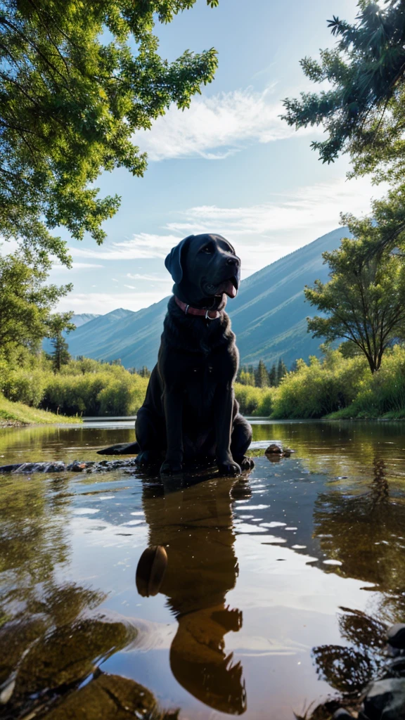Labrador Retriever in  a mountain lake with surrounding trees.