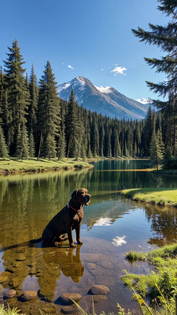 Labrador Retriever in  a mountain lake with surrounding trees.