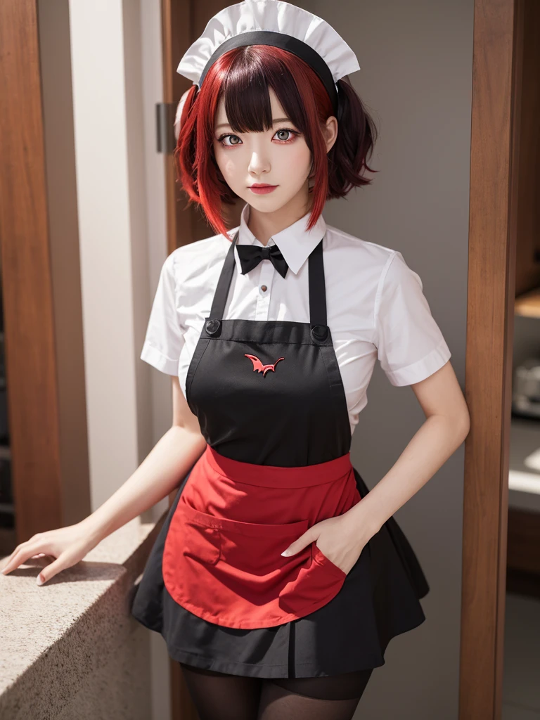 solo,1girl(big breast)(masterpiece, best quality:1.2),Ellen Jo,Zenless Zone Zero,alternate costume ,maid, shark tail, (shark girl:0.5), short hair,black hair,red eyes, tail, pantyhose,multicolored hair, black footwear, short sleeves, apron, wrist cuffs, maidheaddress, stockings, nyantchaellen joe, black hair, red hair,colored inner hair, multicolored hair, (red eyes:1.3), red hair, short hair, two-tone hair,apron, black pantyhose, black shirt, ear piercing,