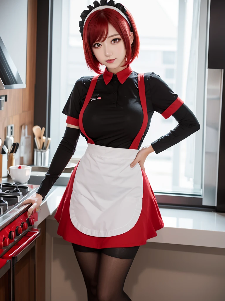 solo,1girl(big breast)(masterpiece, best quality:1.2),Ellen Jo，Zenless Zone Zero，alternate costume ,maid, shark tail, (shark girl:0.5), short hair，black hair，red eyes, tail, pantyhose,multicolored hair, black footwear, short sleeves, apron, wrist cuffs, maidheaddress, stockings, nyantchaellen joe, black hair, red hair，colored inner hair, multicolored hair, (red eyes:1.3), red hair, short hair, two-tone hair,apron, black pantyhose, black shirt, ear piercing,