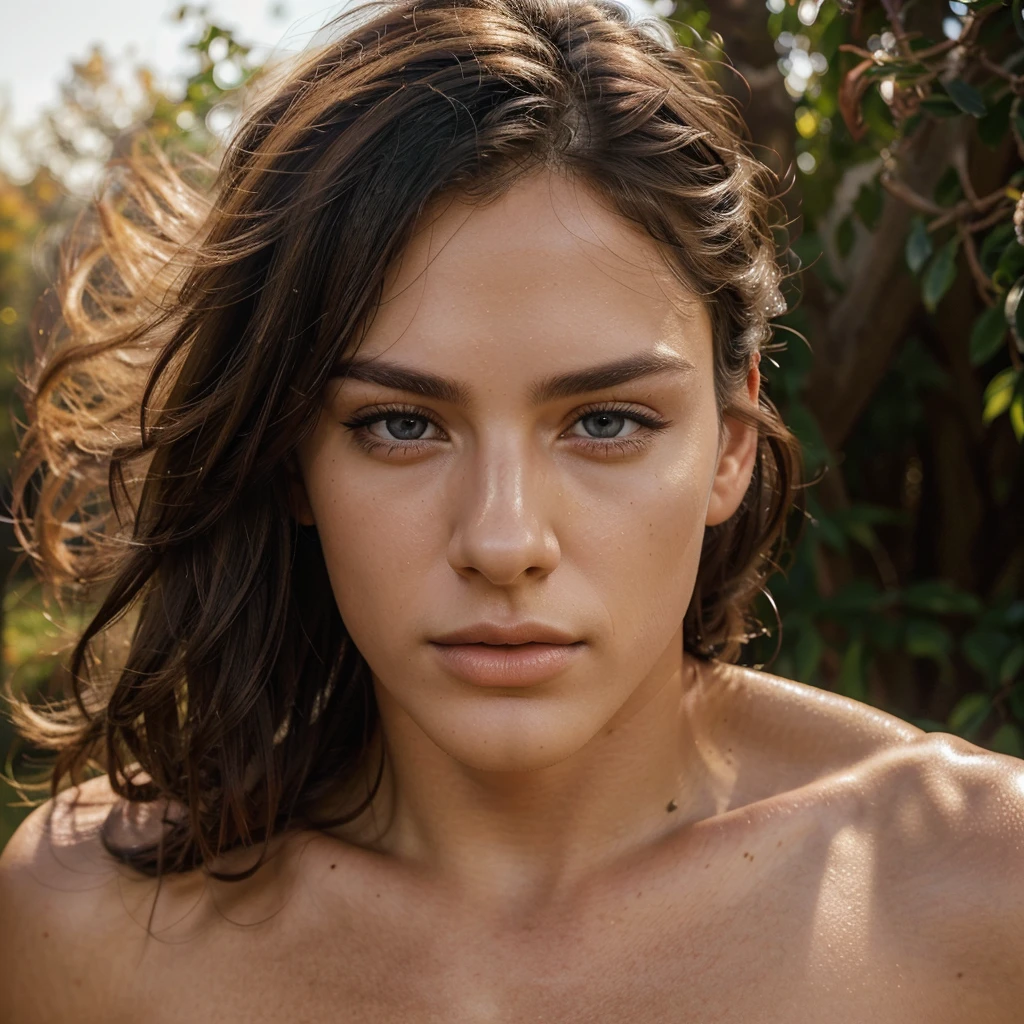 A 23 year old man, beautiful detailed eyes, beautiful detailed lips, extremely detailed face, longeyelashes, portrait, photo-realistic, realistic, 8k, high resolution, detailed skin, muscular, athletic, outdoor, nature, trees, sky, sunlight, warm colors, golden hour