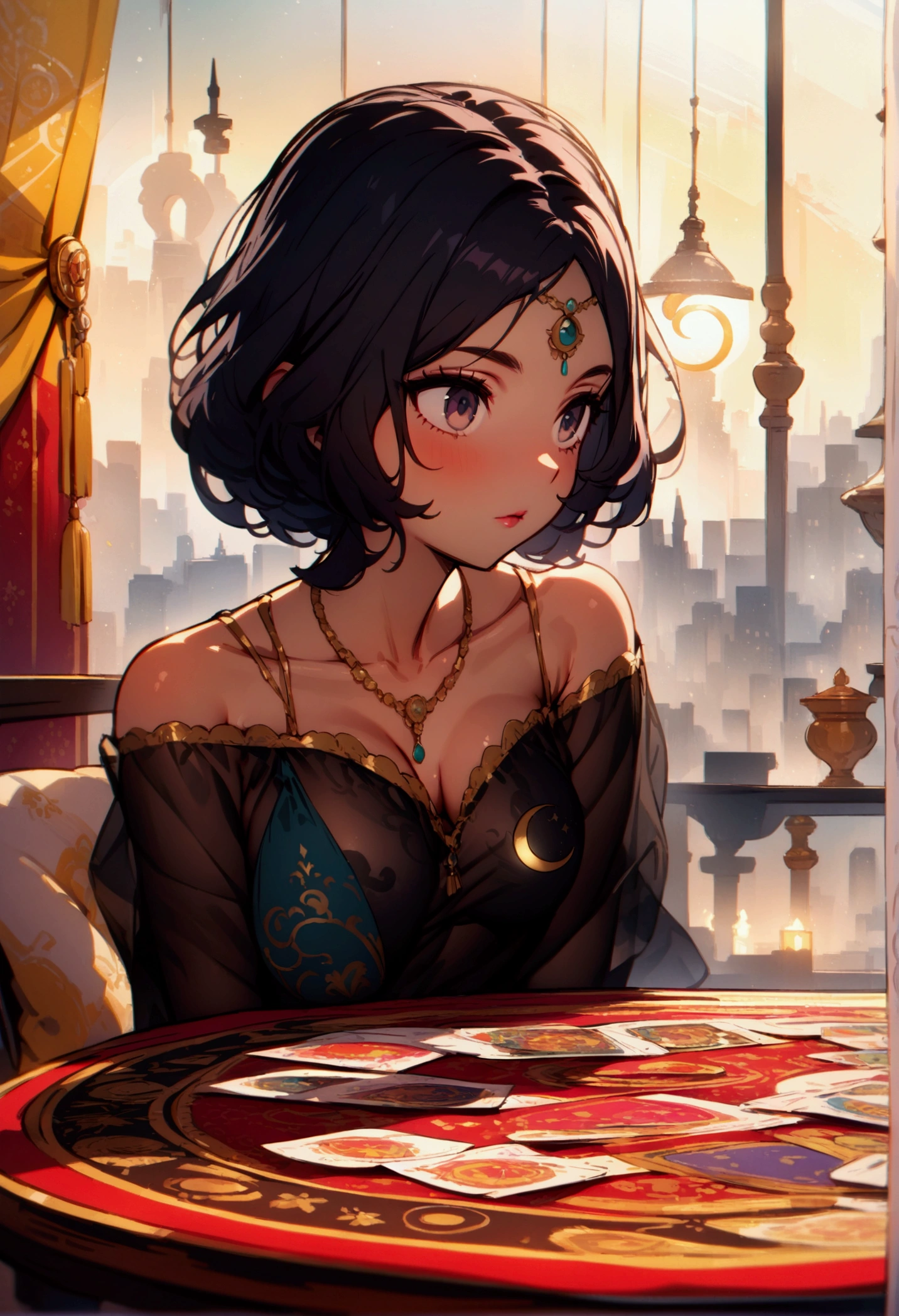 best quality, masterpiece, 8K, HD, persian woman, wavy dark hair, sitting behind a round table, luxurious astrology print tablecloth, tarot cards on the table, metropolitan city in the background, crescent moon, see through curtain behind her, front view, vibrant colors, highly detailed