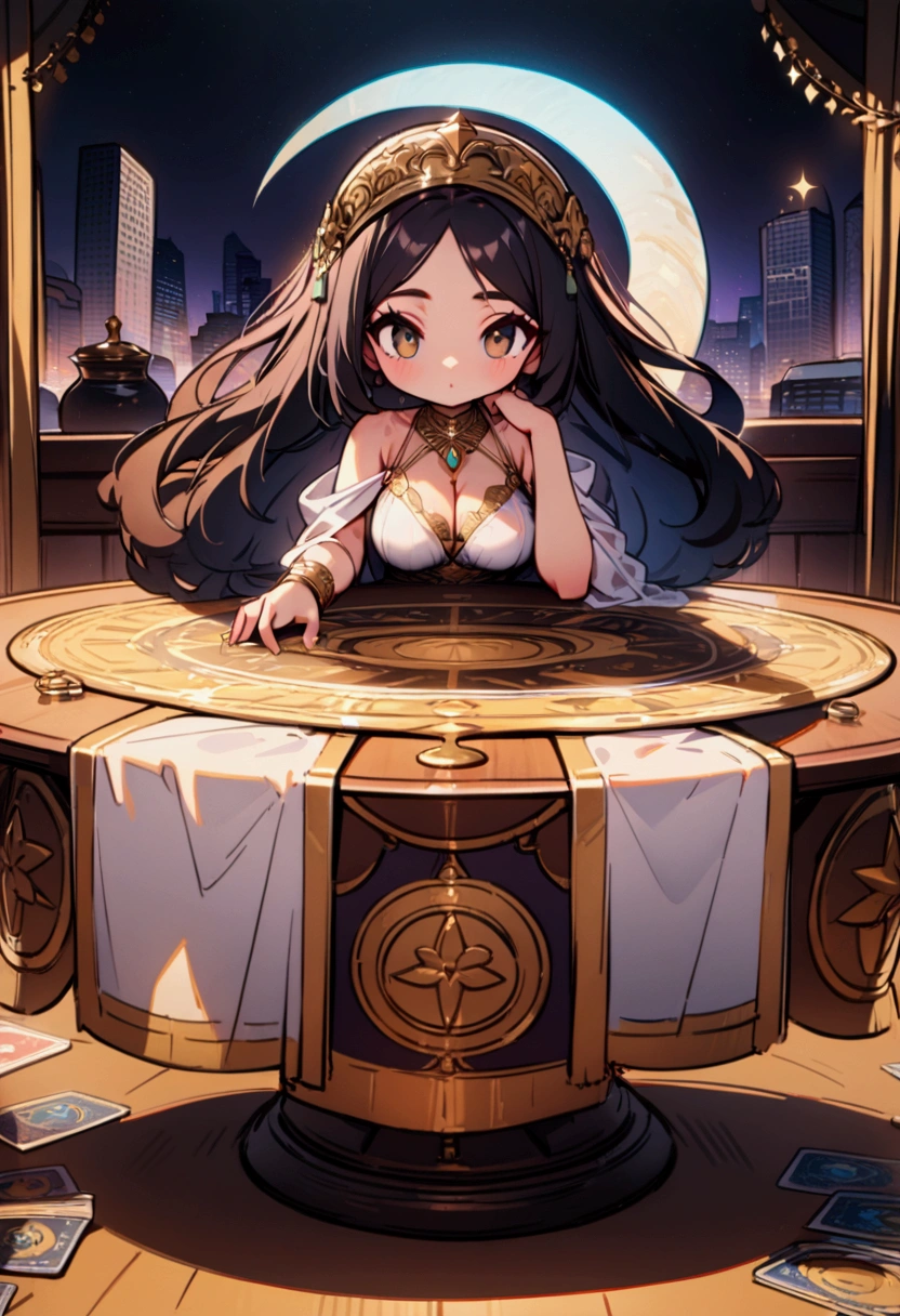 best quality, masterpiece, 8K, HD, persian woman, wavy dark hair, sitting behind a round table, luxurious astrology print tablecloth, tarot cards on the table, metropolitan city in the background, crescent moon, see through curtain behind her, front view, vibrant colors, highly detailed