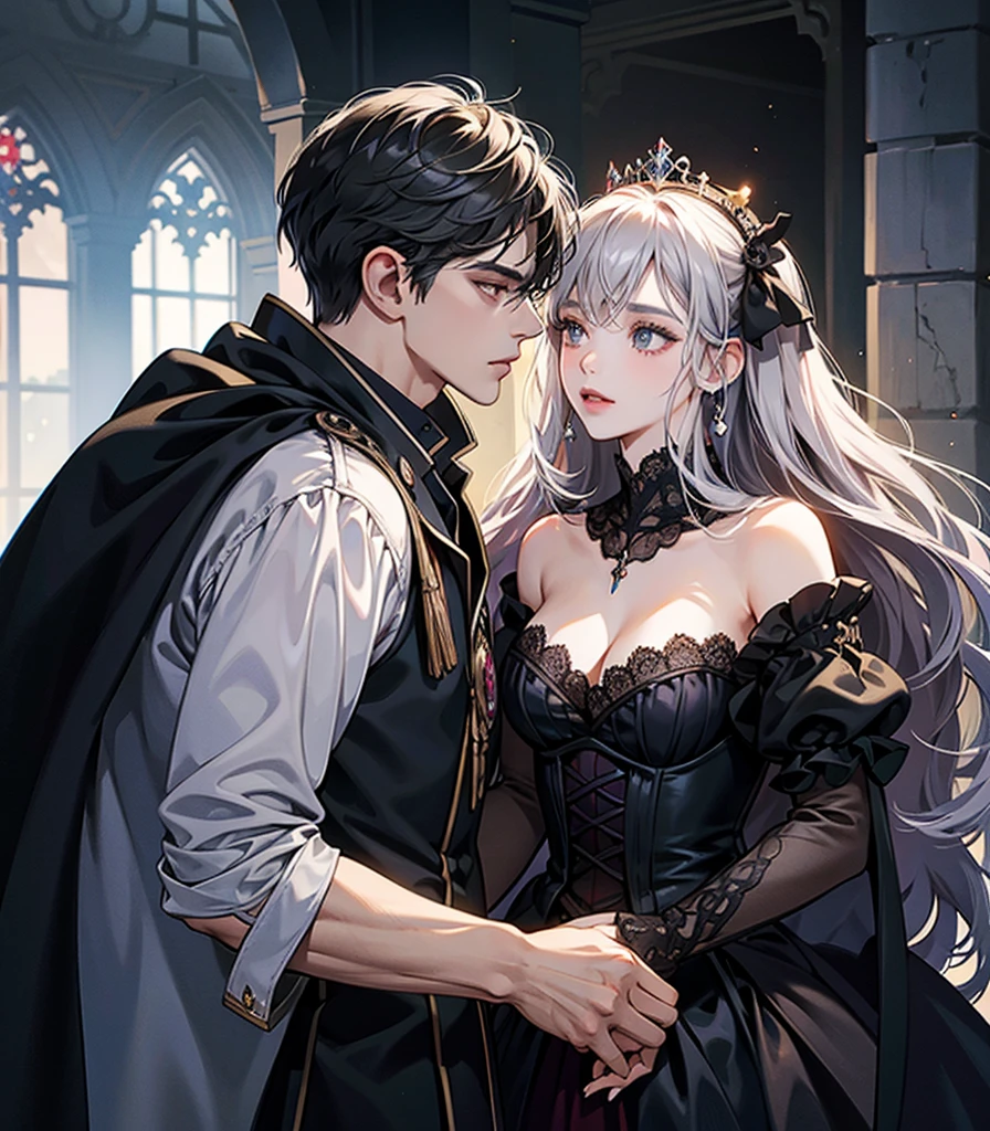 Couple, Kings and queens, Gothic Crowns and Tiaras, Alongside, Grey and Black, Dark romance, Raw Concept Art, Masterpiece Illustration