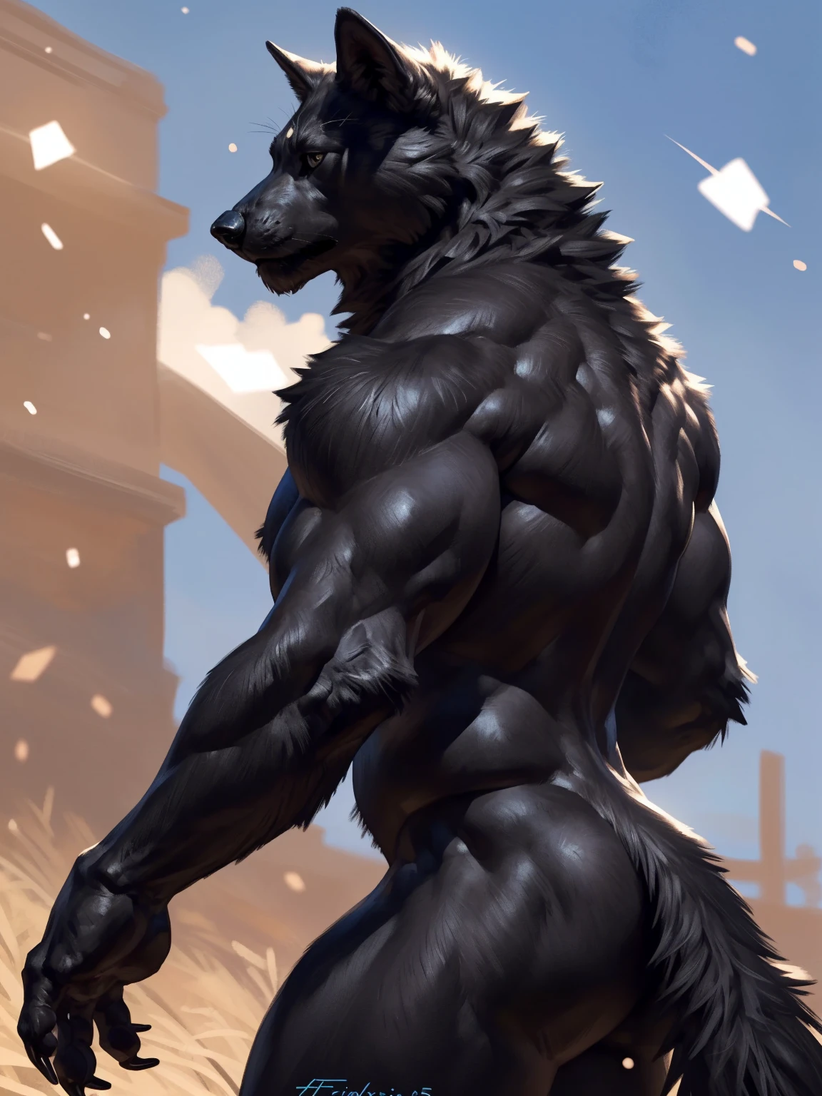 (masterpiece,Highest quality,Ultra-detailed,Perfect Anatomy),kemono,White background,Particles of light,Sharp focus,By Taran fiddler,alone,Anthro,Black Wolf,naked,Muscular (Black fur:1.5,Black body:1.5),Watching the audience,Fine grain,whole body,Black penis