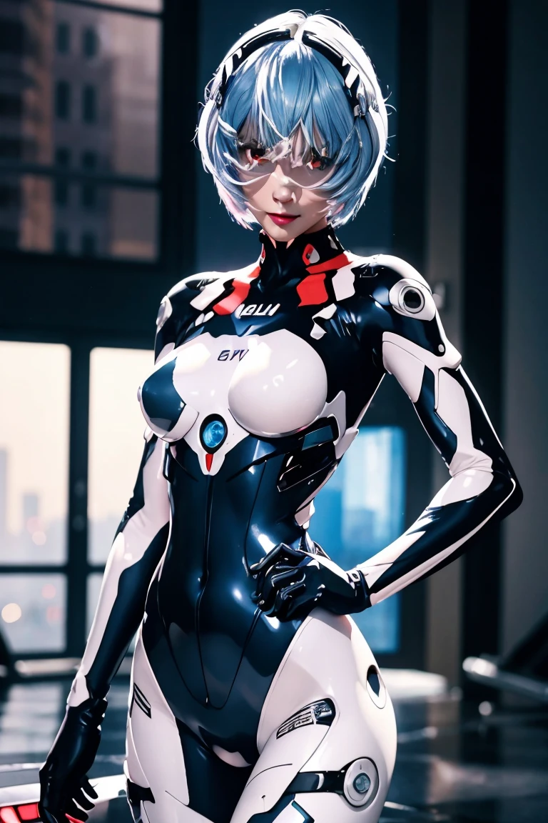 Evangelion,Rei Ayanami,Silver Blue Hair,Red eyes,Red Eyes,Plug Suit,Bodysuits,Interface Headset,白いBodysuits,Ultra HD,super high quality,masterpiece,Digital SLR,Photorealistic,Detailed details,Vivid details,Depicted in detail,A detailed face,Detailed details,Super Detail,Realistic skin texture,Anatomical basis,Perfect Anatomy,Anatomically correct hand,Anatomically correct fingers,Complex 3D rendering,Sexy pose,Rainy Sky,Beautiful scenery,Fantastic rainy sky,Picturesque,Pink Lips,smile,