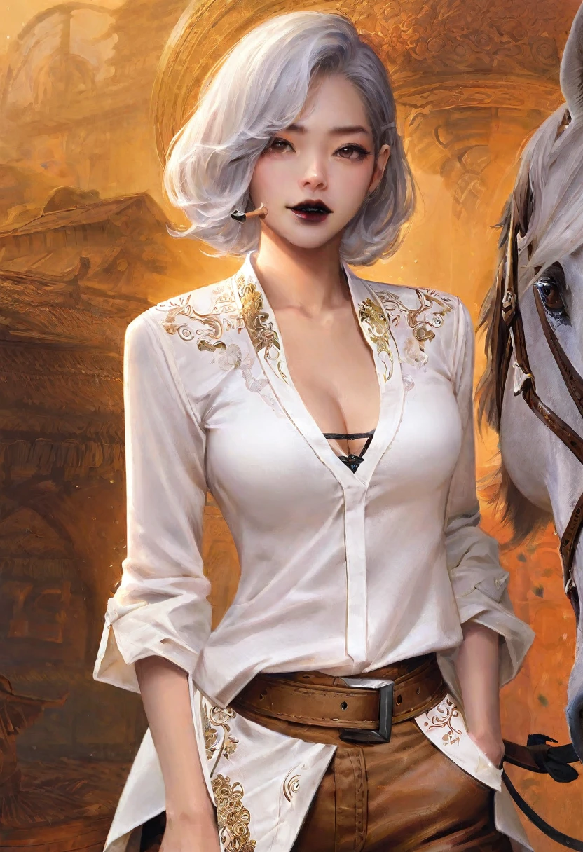 score_9, score_8_up, score_7_up, score_6_up, score_5_up, score_4_up, BREAK best aesthetic, artstation, solo, 1girl, Asian female, cowgirl outfit, cleavage, white shirt, brown pants, tattoos, bob cut, white hair, black lipstick, lovely, masterpiece.