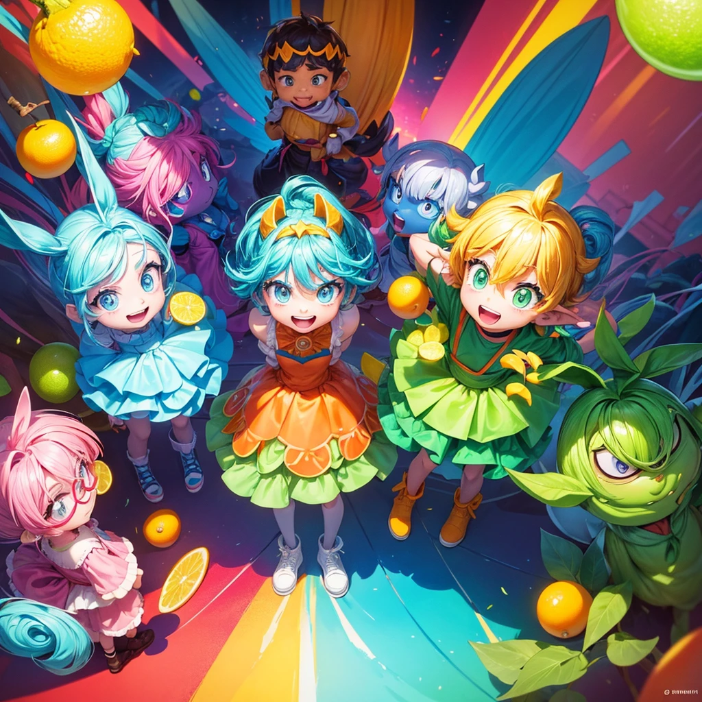 This picture is a colorful illustration with cartoon tree characters. Each one has a different color and expression. They are standing in front of a light source that casts a shadow behind them. Above the characters, it says "The Sour Boys." Each character has a label: "Lime," "Lemon" and "Orange." Each character It has a color scheme that matches his name. The style is fun and cartoony. Typical of children's media or graphic design aimed at a young audience.