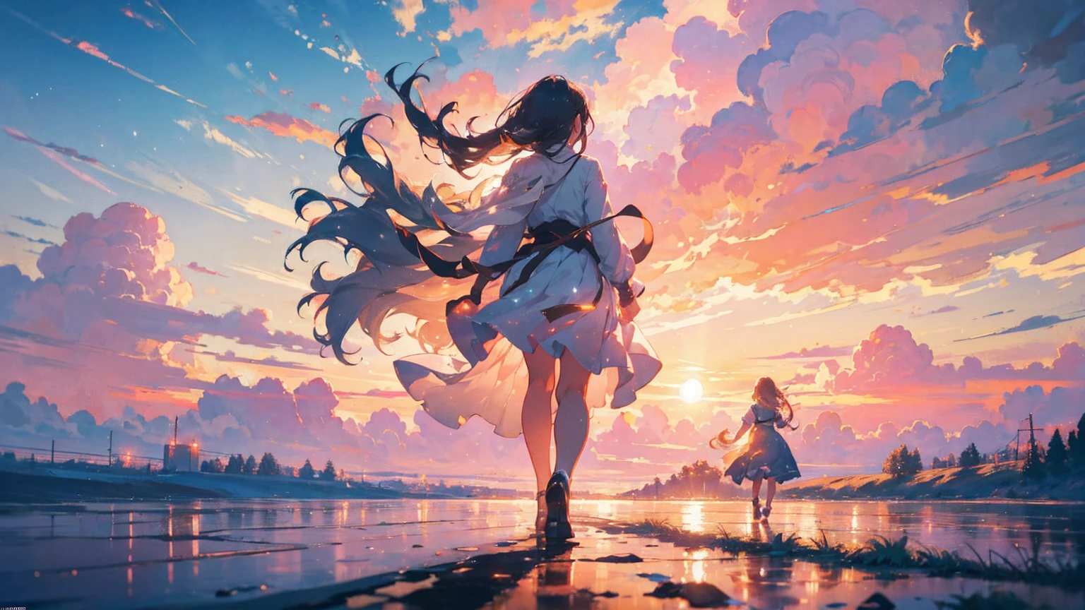 Create an animated illustration inspired by these lyrics. The scene symbolizes memories of the past and hope for the future. In the foreground, a young woman is depicted in a quiet moment at dawn. She is walking toward the future.

The young woman has long hair blowing in the wind and is wearing a pale pink dress. She is smiling and looking at him with hopeful eyes.

In the background, the sky at dawn is beautifully depicted. The sun is beginning to rise and the sky is tinged with shades of orange and pink. In the distance, there is a city after the rain. A rainbow hangs in the sky, creating an atmosphere that echoes with the melody of hope.

The road is littered with shards of dreams, shining brightly. She is running toward the shining future, collecting the fragments of her dreams. The illustration expresses the memories carried by the wind and the small courage hidden deep in their hearts.

The overall mood is to convey the strength and romanticism of walking together, embracing memories of the past and hopes for the future. The illustration symbolizes the story of two people moving forward into the future, overcoming any difficulties.

Translated with DeepL.com (free version)