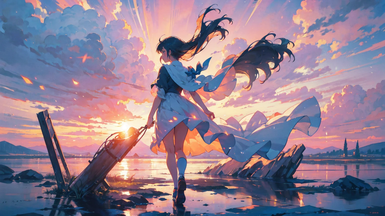 Create an animated illustration inspired by these lyrics. The scene symbolizes memories of the past and hope for the future. In the foreground, a young woman is depicted in a quiet moment at dawn. She is walking toward the future.

The young woman has long hair blowing in the wind and is wearing a pale pink dress. She is smiling and looking at him with hopeful eyes.

In the background, the sky at dawn is beautifully depicted. The sun is beginning to rise and the sky is tinged with shades of orange and pink. In the distance, there is a city after the rain. A rainbow hangs in the sky, creating an atmosphere that echoes with the melody of hope.

The road is littered with shards of dreams, shining brightly. She is running toward the shining future, collecting the fragments of her dreams. The illustration expresses the memories carried by the wind and the small courage hidden deep in their hearts.

The overall mood is to convey the strength and romanticism of walking together, embracing memories of the past and hopes for the future. The illustration symbolizes the story of two people moving forward into the future, overcoming any difficulties.

Translated with DeepL.com (free version)